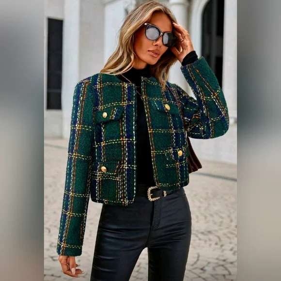 New Luxe Plaid Tweed Jacket Blazer Navy Blue Green White